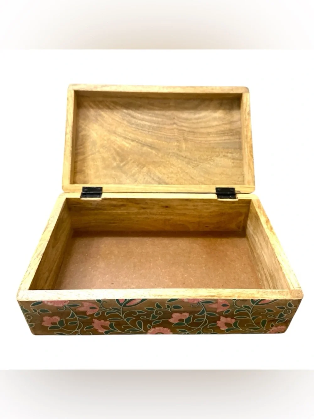 Hand Painted Large Wooden Floral Storage Box Pink Flowers Boho Made in India NWT